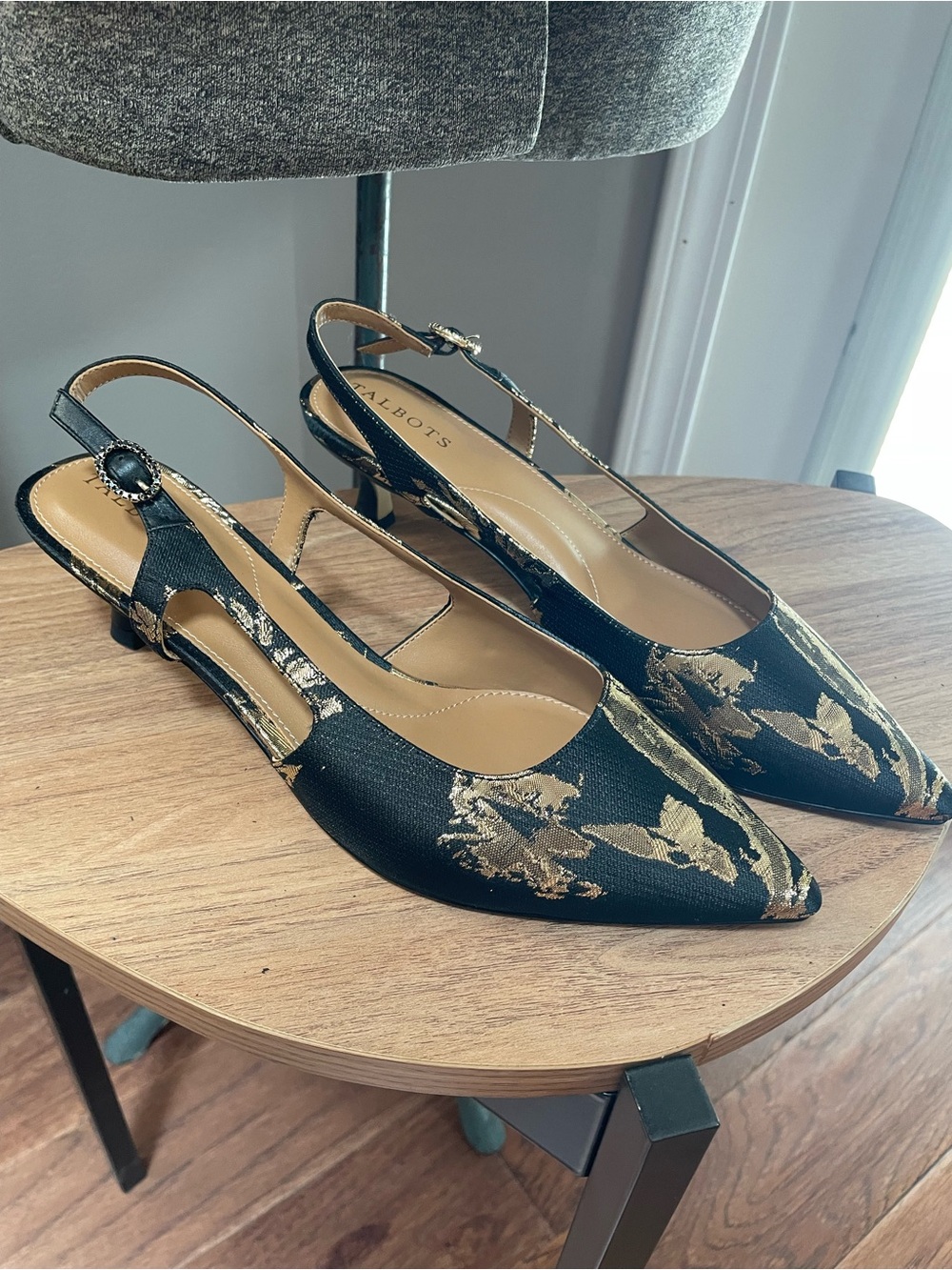 Talbots Black and Gold Floral Slingback Pointed Toe Heels